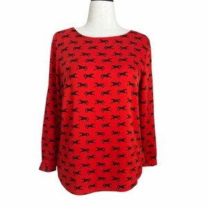 Elizabeth McKay Silk Horse Print Blouse Red Equestrian Top Size 6